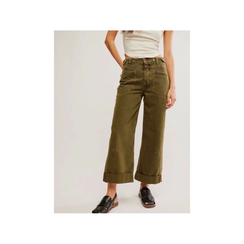 We The Free People Palmer Wide-Leg Utility Jeans in Army Green size 30 high rise